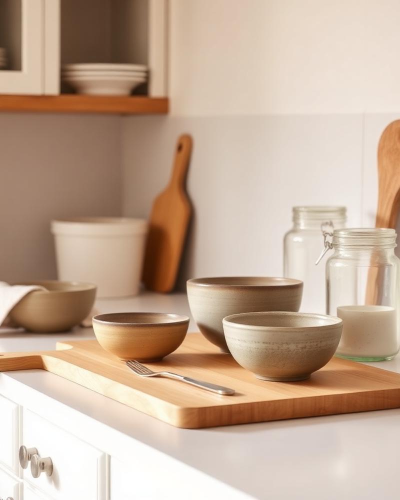 Bancada de cozinha clara com tábua de madeira e bowls de cerâmica