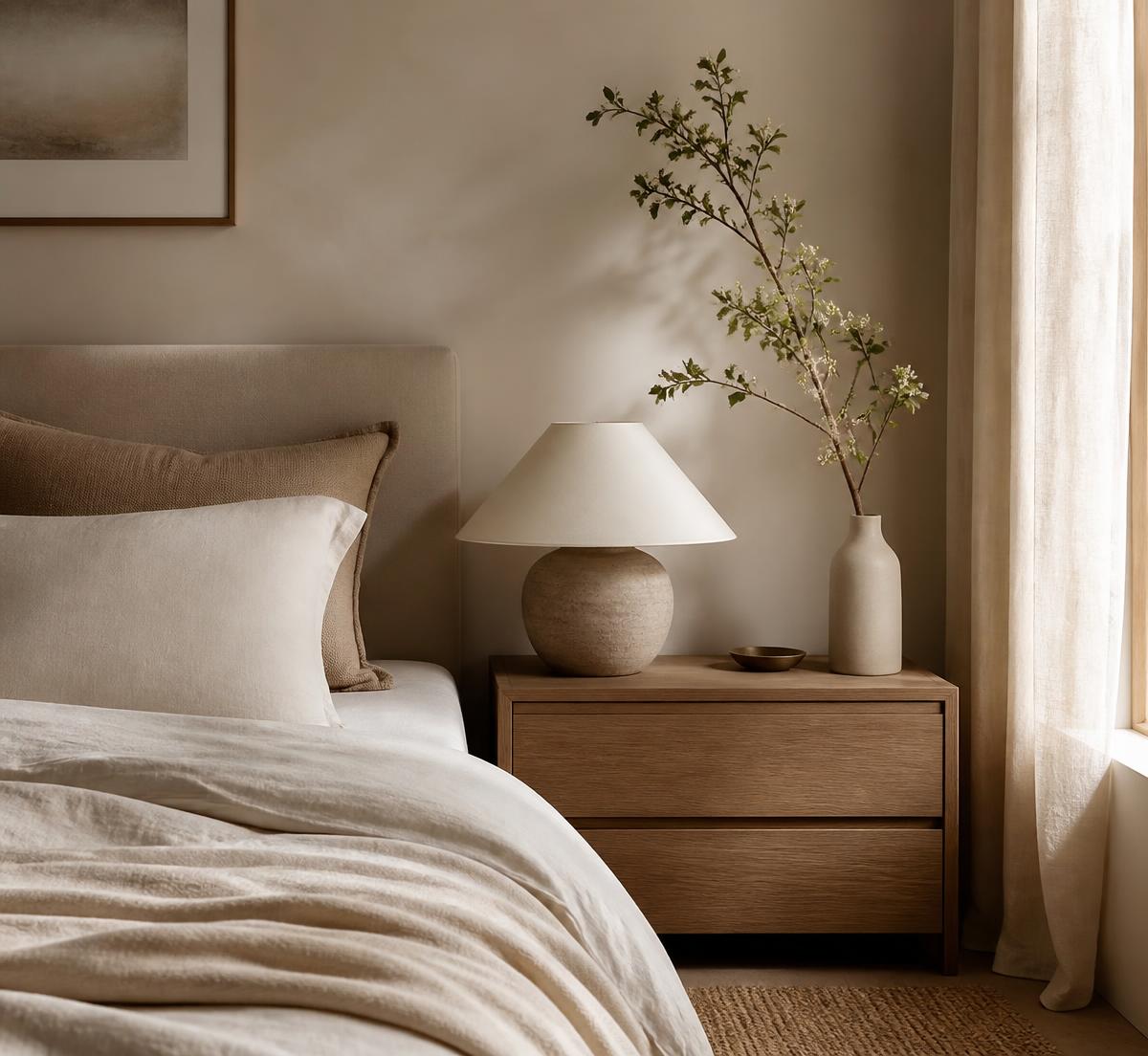 Canto de quarto com roupa de cama de linho, criado-mudo de madeira e luminária de cerâmica