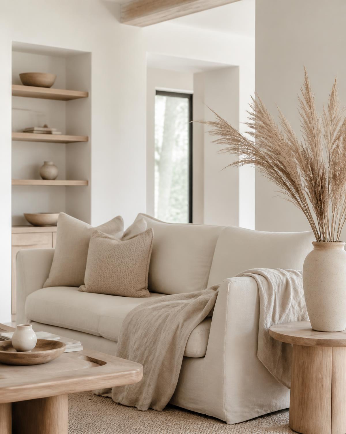 Sala de estar clara com sofá de linho, mesa de madeira e vaso com pampas