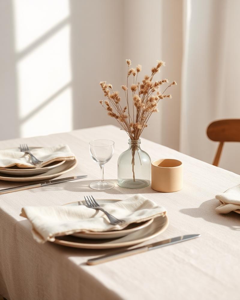 Mesa posta com louça neutra e flores secas
